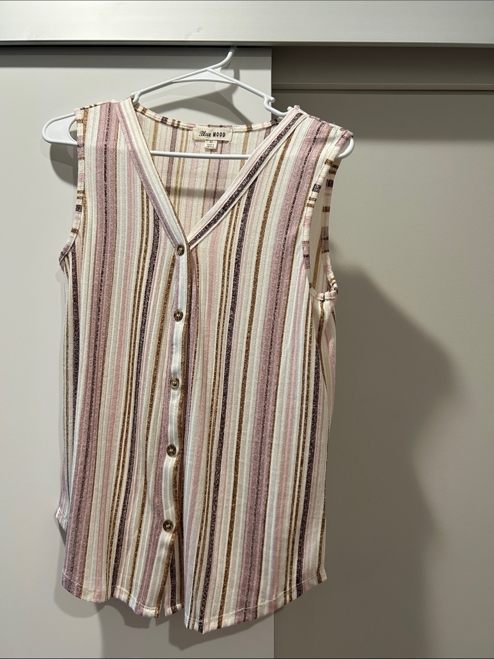 Blue Mood Striped Button-Front Short Sleeve Top in Pink, Cream, and Brown